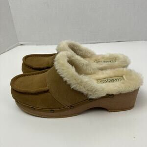 Charlies NWOT Faux-fur Lined Platform Clogs Tan Suede Studded Sz 8